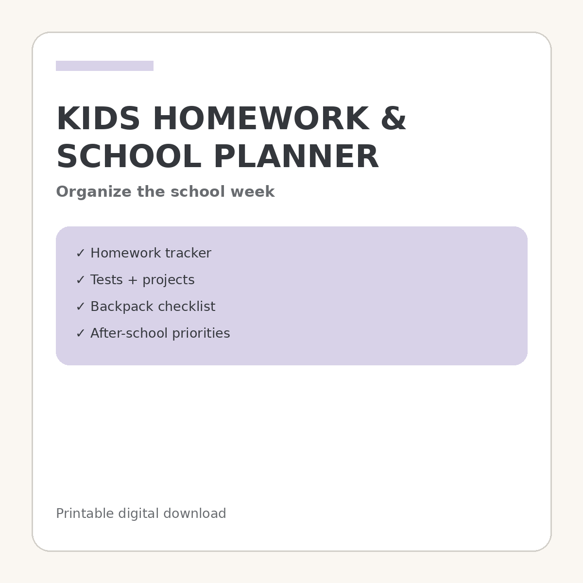 Kids Homework and School Week Planner printable