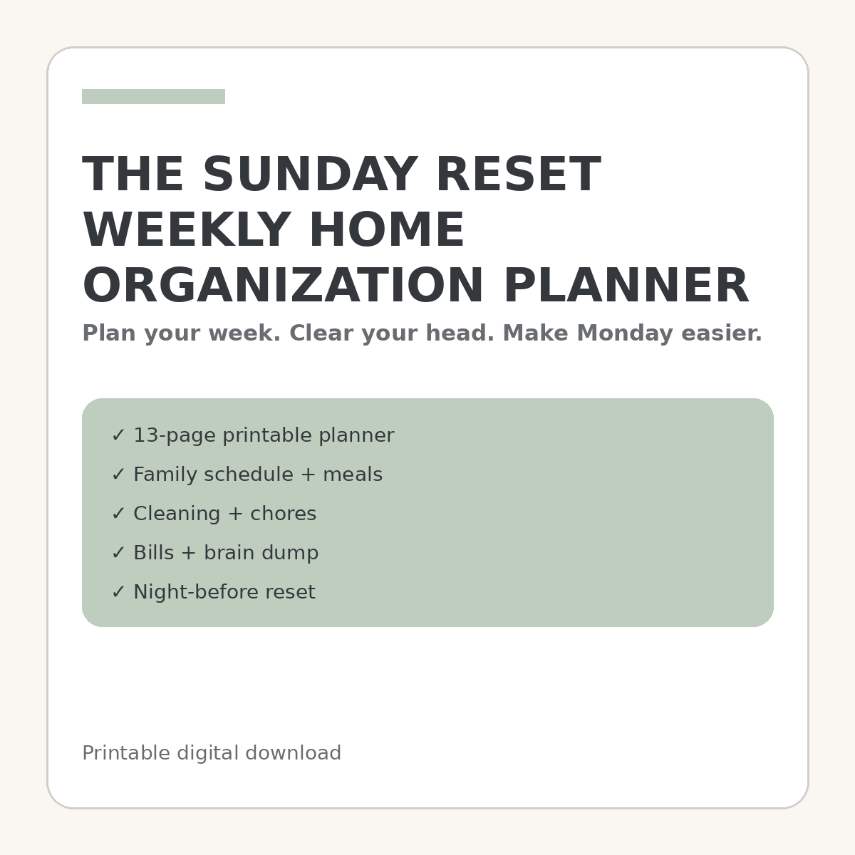 The Sunday Reset weekly home organization planner printable