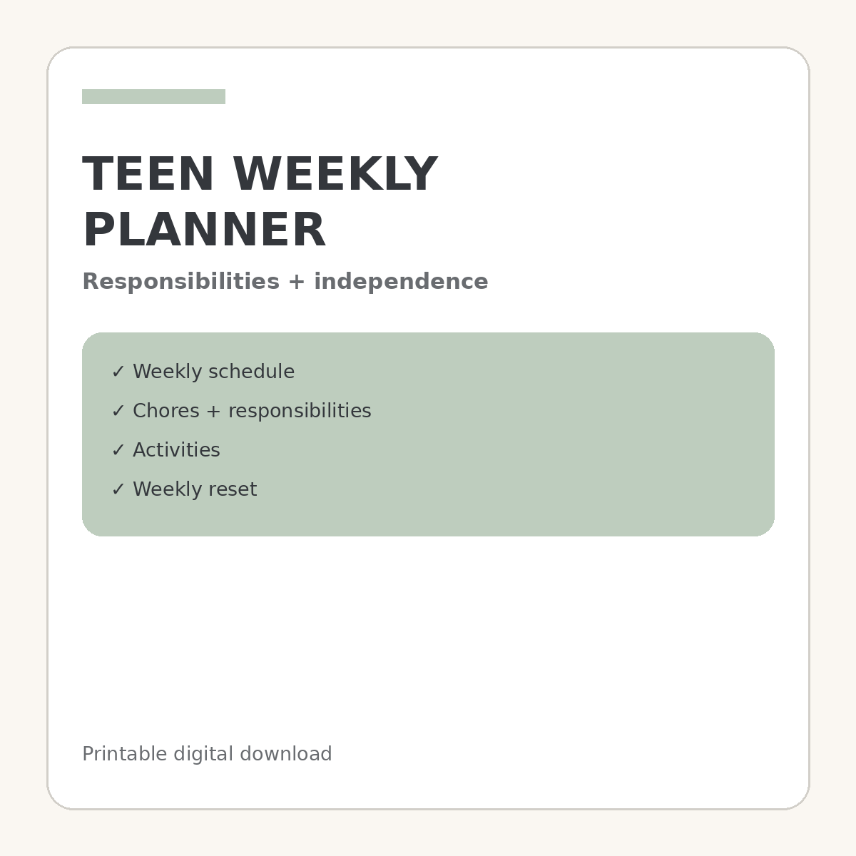 Teen Weekly Responsibility Planner printable